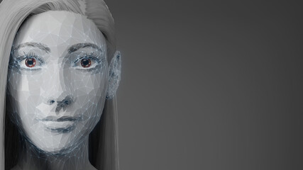 3D Rendering of female face created from triangle geometry shape with glowing wireframe and digital dots. Concept for facial recognition, artificial intelligence, bio technology