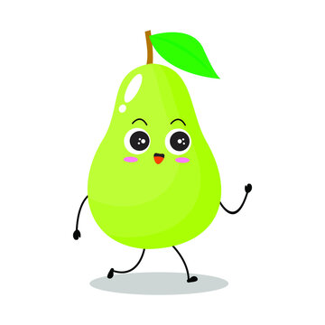 Vector illustration of green pear character with cute expression, fun, walking, adorable green apple isolated on white background, simple minimal style, fresh fruit for mascot collection, emoticon