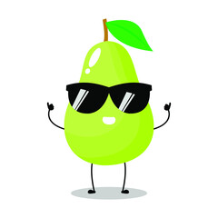 Vector illustration of green pear character with cute expression, fun, sunglasses, adorable green apple isolated on white background, simple minimal style, fresh fruit for mascot collection, emoticon