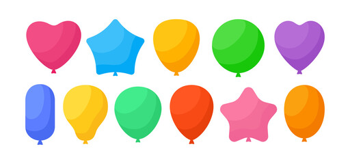 Balloon birthday colored cartoon set. Rainbow glossy helium air balloons flat collection for party. Holiday anniversary surprise gift symbol round circle, heart shape. Isolated vector illustration
