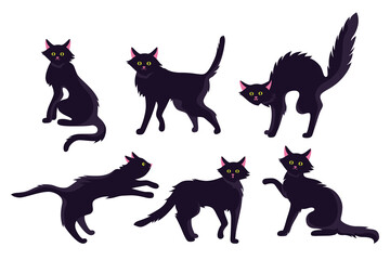 Cat black horror flat cartoon set. Halloween creepy thin kitten, cute or scary wicked, old wild cats collection. Funny playing character pet kitty design. Isolated vector illustration