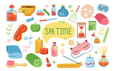 Spa and beauty care salon flat cartoon set. Skin care and natural treatment, me time concept. Spa aromatic oil lotion towel nail file, sleep mask and hourglass, scissors cup. Female body health vector
