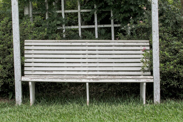 White vintage wooden bench in the garden on the grass floor and background of vegetation and Victorian wooden ornaments.