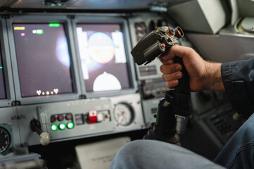Airplane control stick. The cockpit of a jet aircraft.