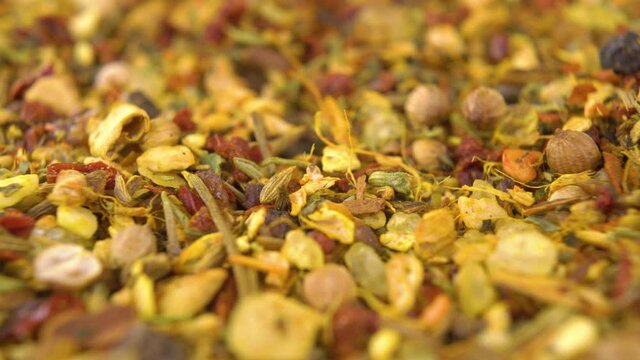 Healthy organic moroccan spice blend. Macro. Dolly shot