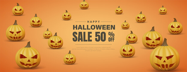 Halloween sale background with pumpkins lined up illustration.