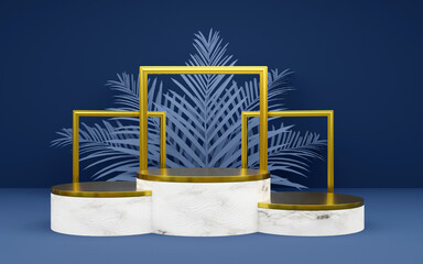 Luxury Blue and Bronze Round podium with Palm Leaf and photo frame for Product presentations. 3D rendering.  Dark background.