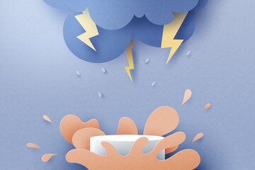 3d paper cut abstract rainy season concept background.Cylinder podium with water splash of rainy day, overcast sky, thunder and lightning. - obrazy, fototapety, plakaty