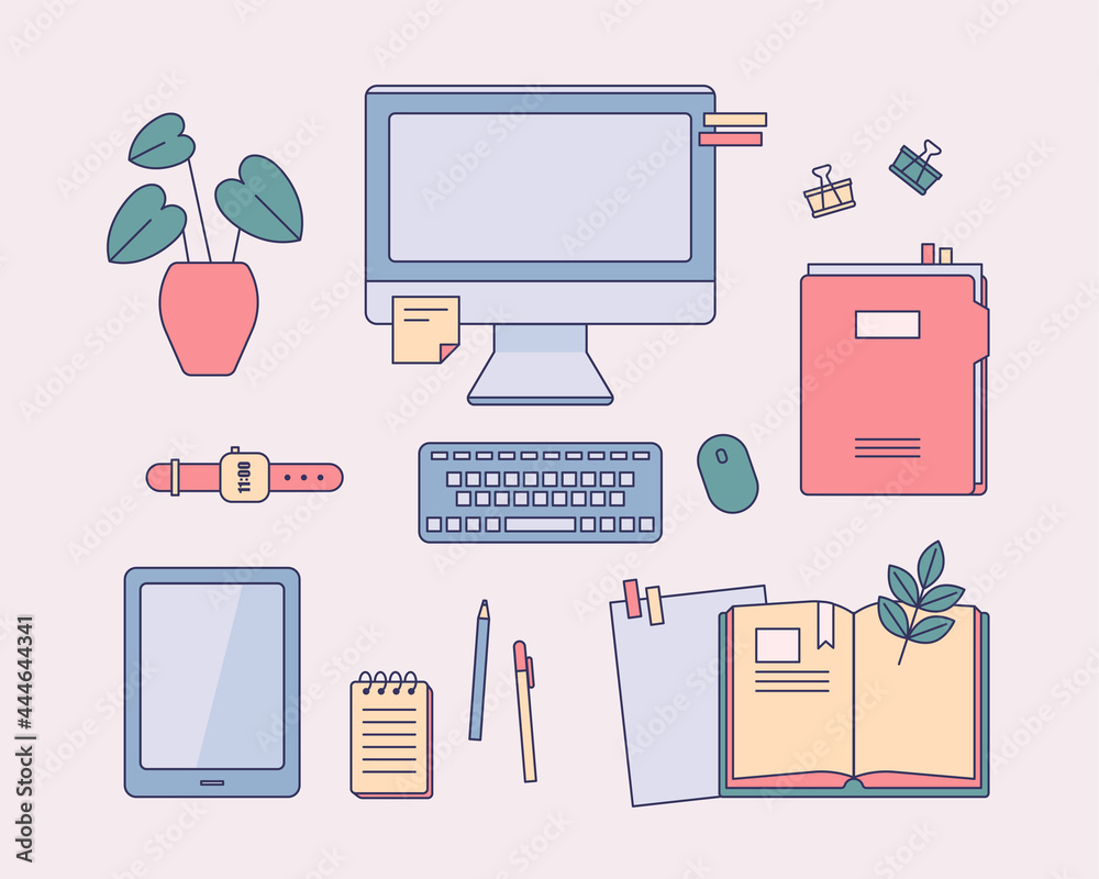 Poster collection of objects on the desk. flat design style minimal vector illustration.