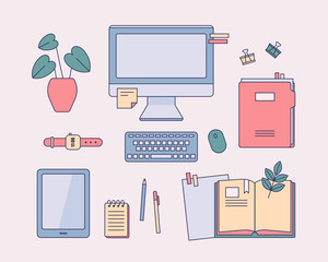 Collection of objects on the desk. flat design style minimal vector illustration.