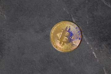 bitcoin close-up in the palm on the background