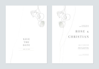 Minimalist foliage wedding invitation card template design, wild flowers line art ink drawing on white