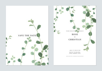 Fototapeta na wymiar Foliage wedding invitation card template design, green Siamese rough bush leaves on white