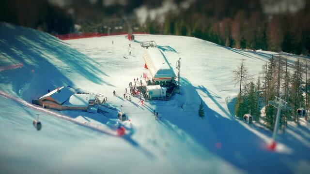 Aerial view of the upper ski-lift station at the Passo Furcia, Kronplatz skiing resort, South Tirol, Italy.