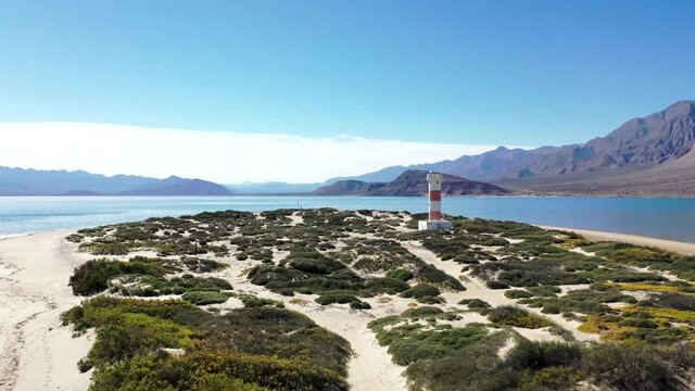 Scenic View Of Faro Punta Arenas In Bahia de los Angeles. Lighthouse At The Entrance To The Harbor On Punta Arenas, Baja California, Mexico. drone shot