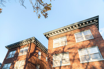 Low angle view of two red bricks building exterior at Tacoma, Washington