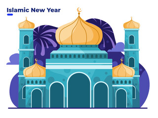 Islamic new year 1 muharram celebration illustration with mosque building. Happy new Hijri new year, Can be used for greeting card, invitation, banner, web,  poster, postcard, flyer.