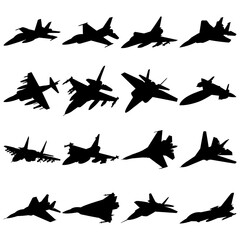 Jet fighter icon front side vew military combat airplane silhouette set