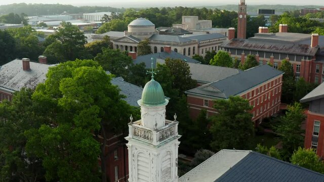University of North Carolina Chapel Hill. Aerial rooftop view of bell tower and cupola on building roof.