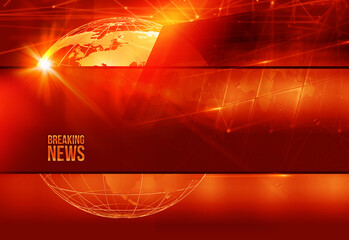 Red graphical breaking news background with connecting lines and a globe - obrazy, fototapety, plakaty