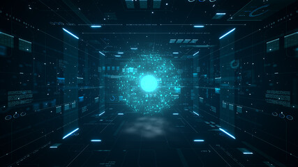  Abstract technology big data concept. Motion graphic for abstract data center, data flow. Transferring of big data and storage of block chain, server,  hi-speed internet. 3D Rendering.