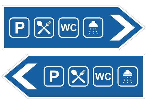 Road sign, parking lot, set of pictogram on blue background, direction right and left, vector icons
