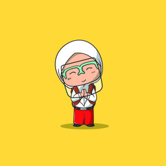 girl with hijab using face shield ready back to school vector icon illustration. Education icon. Flat Cartoon Style Suitable for Web Landing Page, Banner, Flyer, Sticker, Wallpaper, Card, Background