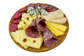 Antipasti platter with assortment of italian salami and cheese isolated on white background