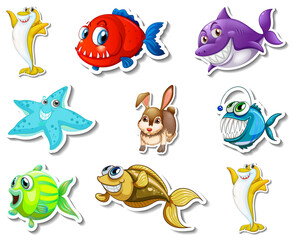 Fototapeta na wymiar Set of stickers with sea animals and dogs cartoon character