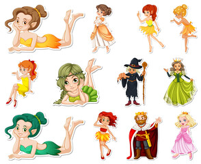 Sticker set with different fairytale cartoon characters