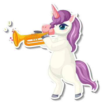 Cute unicorn stickers with a purple unicorn playing trumpet