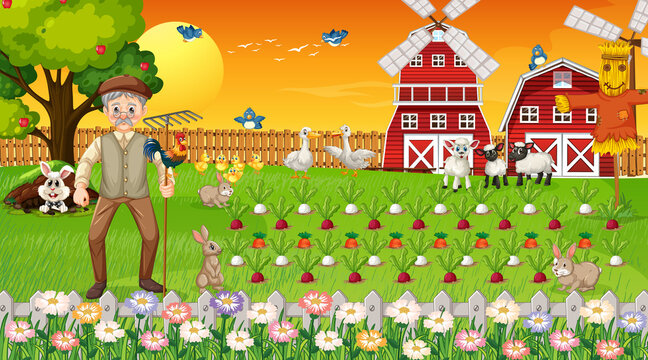 Farm scene at sunset with old farmer man and cute animals