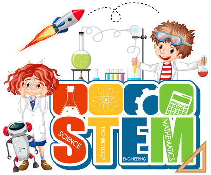 STEM education logo with scientist cartoon character
