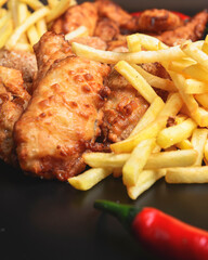Hot spicy deep fried set. Deep fried checken, cheese camambert and french fries over black background.