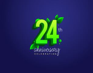 24th anniversary logotype with leaf and green colored, isolated on blue background.