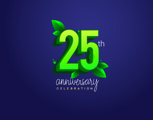 25th anniversary logotype with leaf and green colored, isolated on blue background.