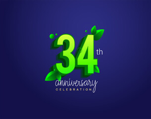 34th anniversary logotype with leaf and green colored, isolated on blue background.