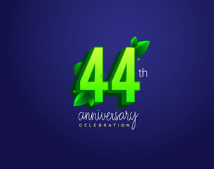 44th anniversary logotype with leaf and green colored, isolated on blue background.