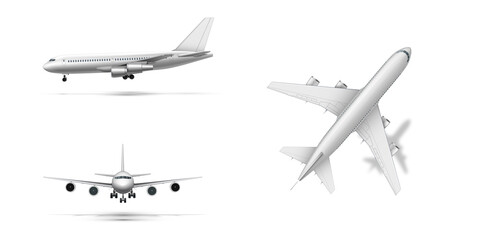 Flying airplane, jet aircraft or airliner. Detailed passenger air plane on white background.