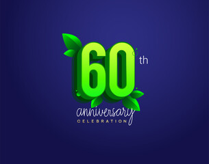60th anniversary logotype with leaf and green colored, isolated on blue background.