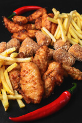 Hot spicy deep fried set. Deep fried checken, cheese camambert and french fries over black background.