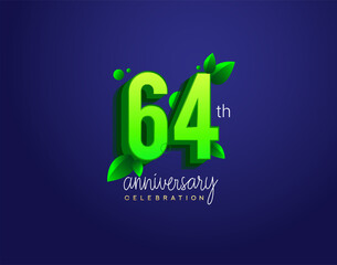64th anniversary logotype with leaf and green colored, isolated on blue background.