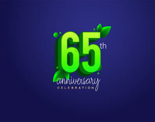 65th anniversary logotype with leaf and green colored, isolated on blue background.