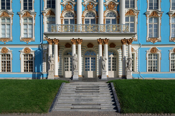 View of the front porch of the Catherine Palace in the Catherine Park of Tsarskoye Selo on a sunny summer day. Pushkin, St. Petersburg. Russia.