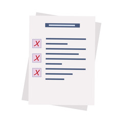 Survey form, paper page or check list. Choose a test, exam, questionnaire or quiz. Question and wrong answer selected and negative check mark. The bad result of a survey form, report, vote. Vector 
