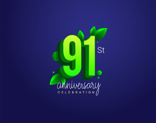 91st anniversary logotype with leaf and green colored, isolated on blue background.