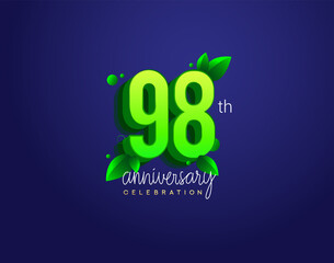 98th anniversary logotype with leaf and green colored, isolated on blue background.