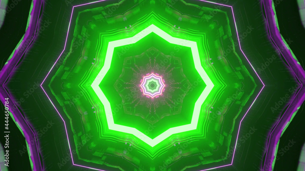 Wall mural 3d rendering of a glowing neon green pattern in the shape of an octagon with luminous beaming lights