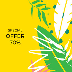 Summer post template background. Floral background. Can be adapted for banner, flier, social media post. Green and yellow fresh trendy leaves decoration  © SyahCreation