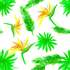 Natural Pattern Painting. Organic Seamless Painting. Green Tropical Vintage. White Isolated Plant. Drawing Background. Decoration Design. Wallpaper Background.